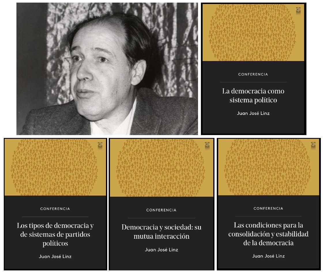 En 1976 Juan Linz impartió un ciclo de conferencias en <a href="/la_march_madrid/">Fundación Juan March</a>: “Cuatro lecciones sobre la democracia”. Y hoy podemos escuchar al gran maestro en su propia voz. Recomiendo especialmente las lecciones I y IV. 

Se pueden escuchar las charlas aquí: canal.march.es/es/coleccion/c…
