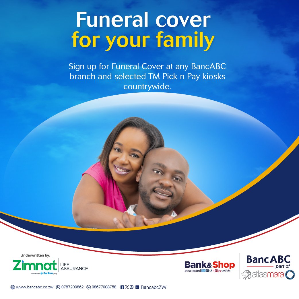 In need of funeral cover ⚰️ for your family 👨‍👩‍👧‍👦? We’ve got you covered! 😉 You can sign up ✍️ for your Gadziriro/Lungiselelo funeral cover at any @BancabcZW branch 🏦 and selected TM Pick n Pay 🛒 kiosks nationwide! 🇿🇼 #BankDifferent 🏦