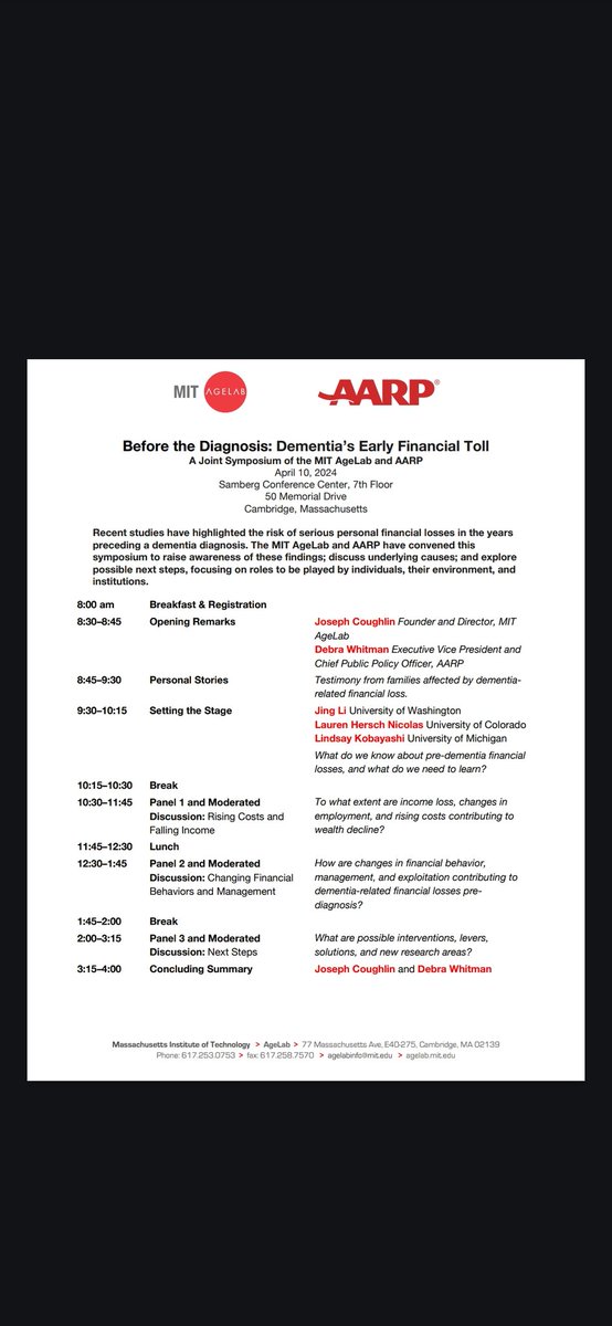Looking forward to a fruitful discussion tomorrow. Thank you @MIT_AgeLab @AARP for hosting this very important event on #dementia's early #financial toll! Glad that our work contributed to the conception of the Symposium. @akelleymd @lhnicholas
