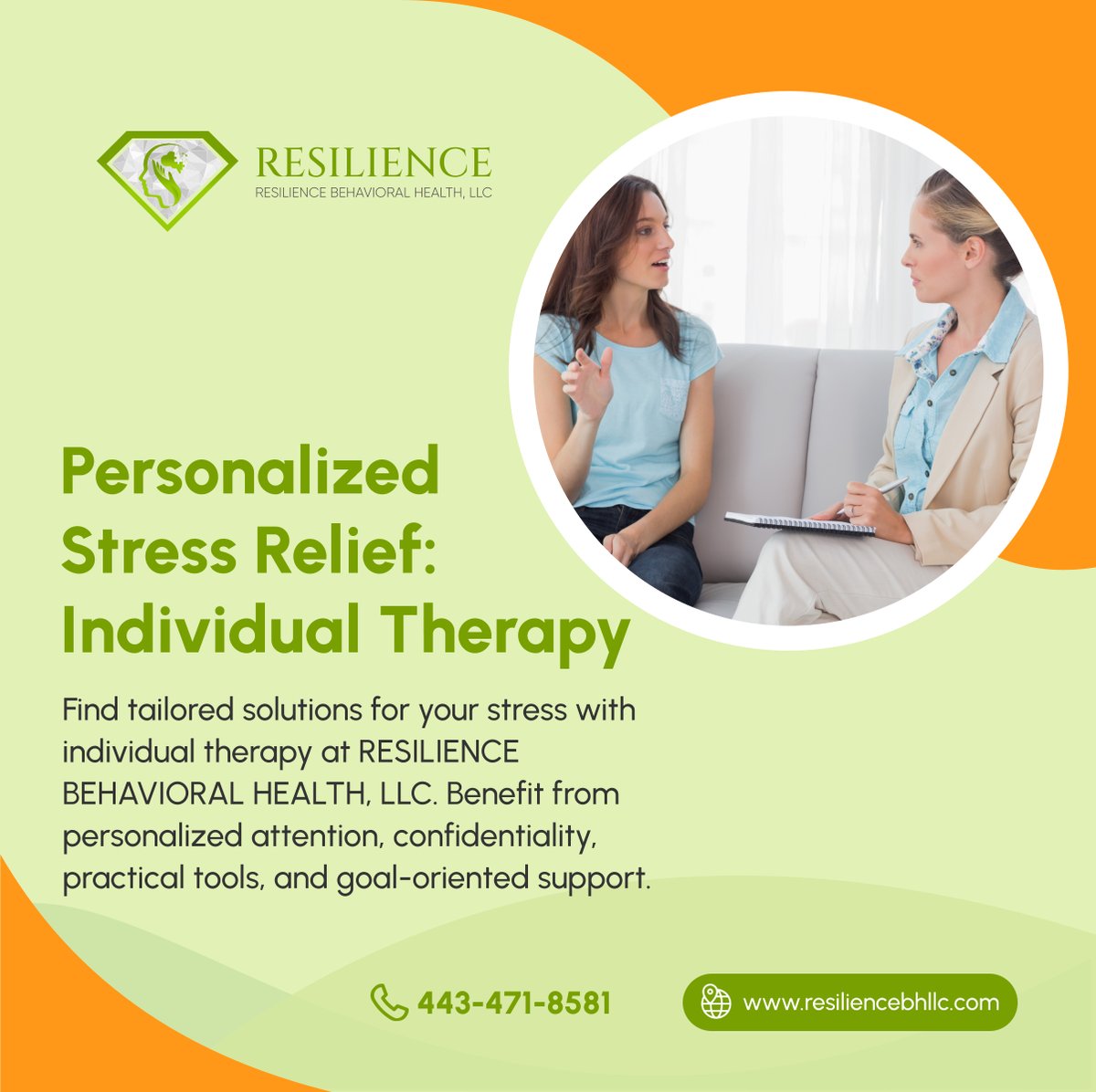 Take charge of your stress management journey with individual therapy at RESILIENCE BEHAVIORAL HEALTH, LLC. Discover personalized strategies for a peaceful life. Visit tinyurl.com/yvvns7rw to learn more. 

#IndividualTherapy #BehavioralHealthCare #PikesvilleMD