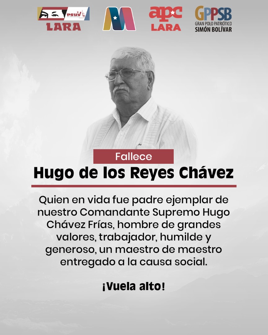 #9Abr|| Desde el PSUV en el estado Lara, lamentamos la partida física de Hugo de los Reyes Chávez quien fue padre de nuestro eterno Comandante, Hugo Rafael Chávez Frías. 

¡Paz a su alma! 
.
.
.
@NicolasMaduro