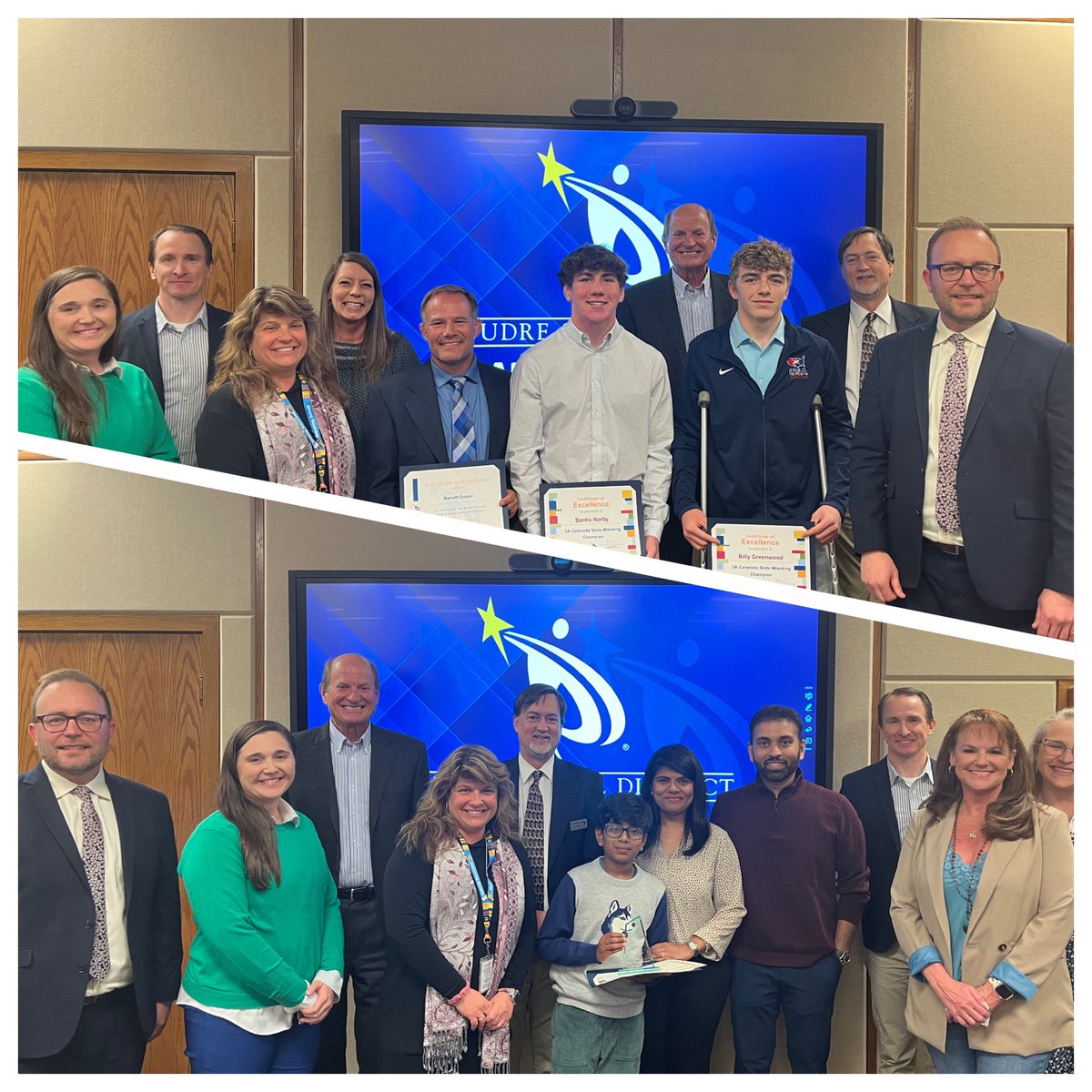 Wow, wow, wow! At tonight’s board meeting, we recognized Billy & Banks, Poudre High students & 5A #Colorado state wrestling champs (top middle); PHS’ Barrett Golyer, 5A Coach of the Year (top middle left); and Traut Elementary’s Nikhil, PSD’s district spelling bee champ! 🏆 🐝