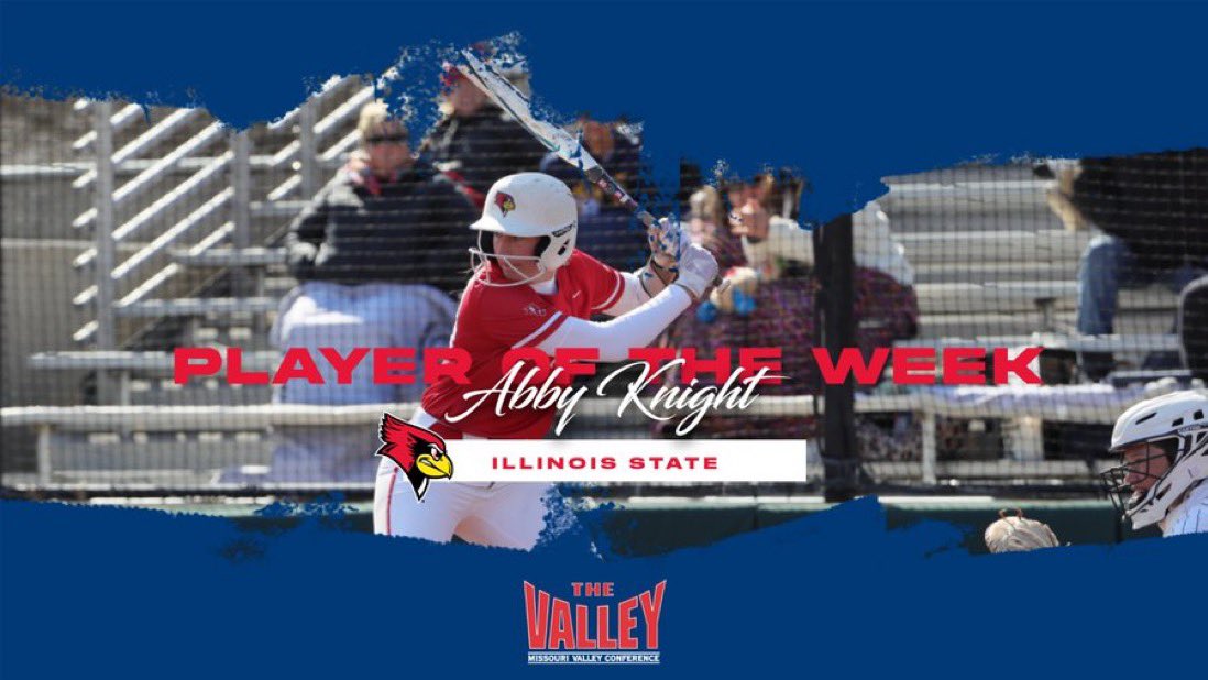 Player of the Week⫸Abby Knight,@RedbirdSB

▪️Batted .700 on the week with 7 hits in 10 at-bats with 6 RBIs. Slugging 1.300 with a .692 OB%. Knight hit 2 home runs with 13 total bases, & score 4 runs, at 31 putouts & 1.000 fielding %.

#MVCSoftball | #TheValleyRunsDeep