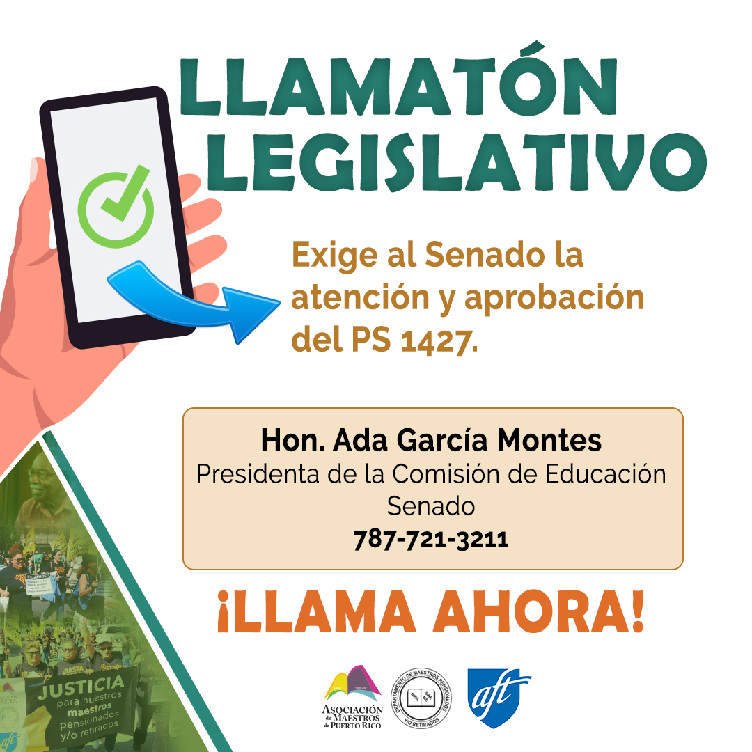 Participa de nuestro LLAMATÓN LEGISLATIVO para reclamar se atiendan con celeridad y se aprueben durante esta Sesión Legislativa los proyectos de ley que auxiliarían a nuestra clase magisterial retirada. #JusticiaParaNuestrosRetirados #EnDefensaDeTusDerechos