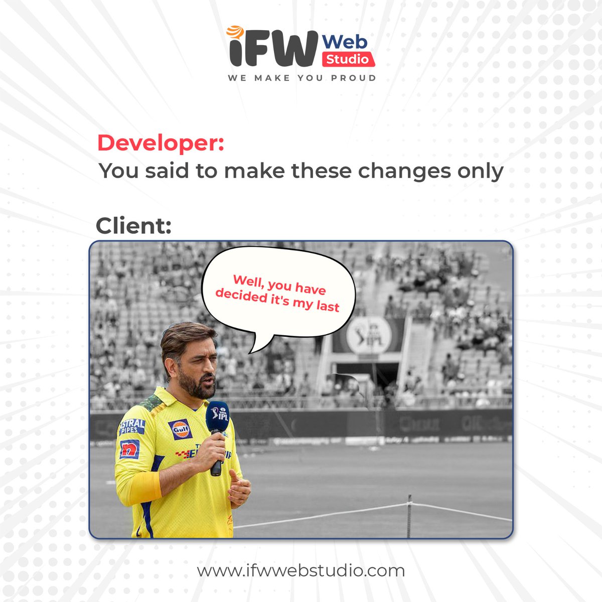 IFWWebStudio's tweet image. When the client hits you with rapid-fire change requests!

#ifwwebstudio #ipl #csk #rcb #mi #webstudio #developer #viral #meme #follow