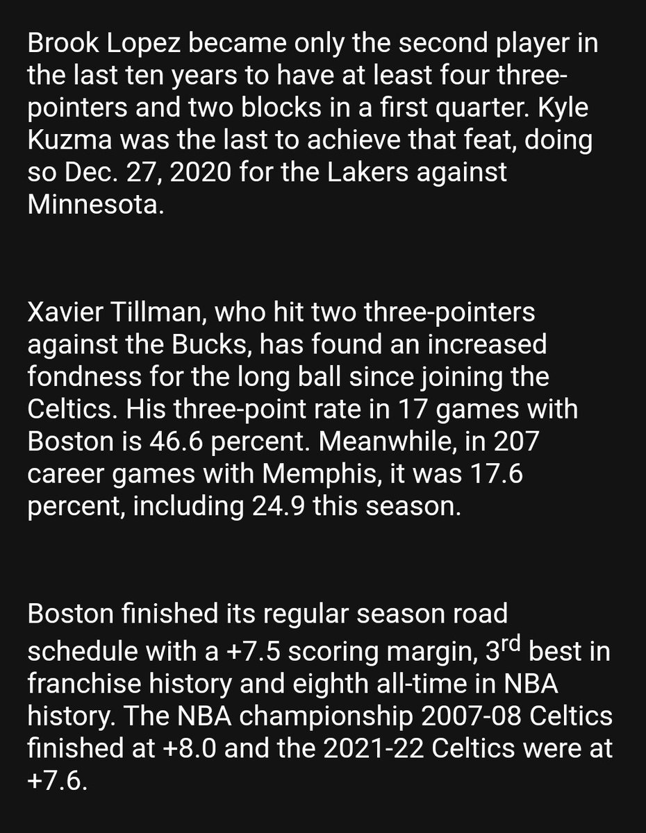 The Sultan of Stat details a very strange night in Milwaukee -- this time involving a basketball game. The Celtics established an NBA first, and @DickLipe has the details. Check out notes 2 and 3, in particular.