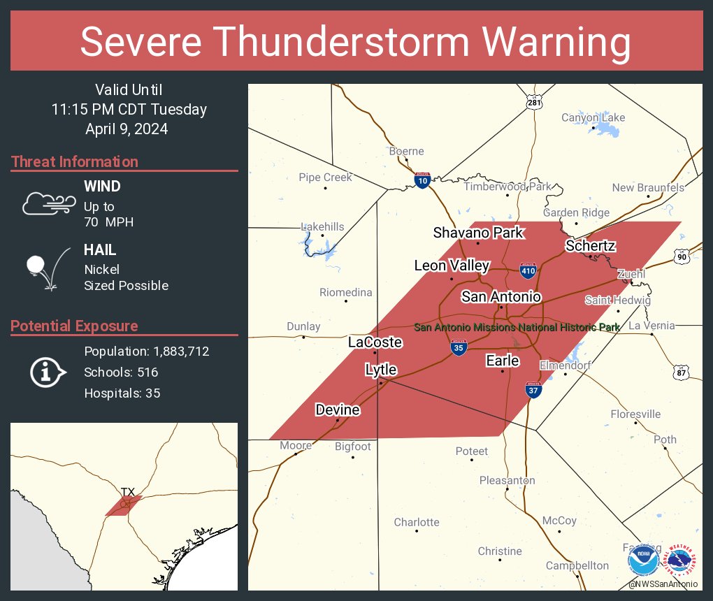 Severe Thunderstorm Warning continues for San Antonio TX, Schertz TX and Universal City TX until 11:15 PM CDT. This storm will contain wind gusts to 70 MPH!