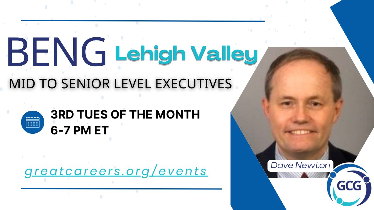 Business Executives Networking Group (BENG) Lehigh Valley, hosted by chapter leader Dave Newton.

Tuesday, 4.16 | 6-7 PM ET

Register: greatcareers.org/events 

➡️ Follow #GreatCareersPHL

#executivejobsearch #executives #networking #businessmeeting #leadership