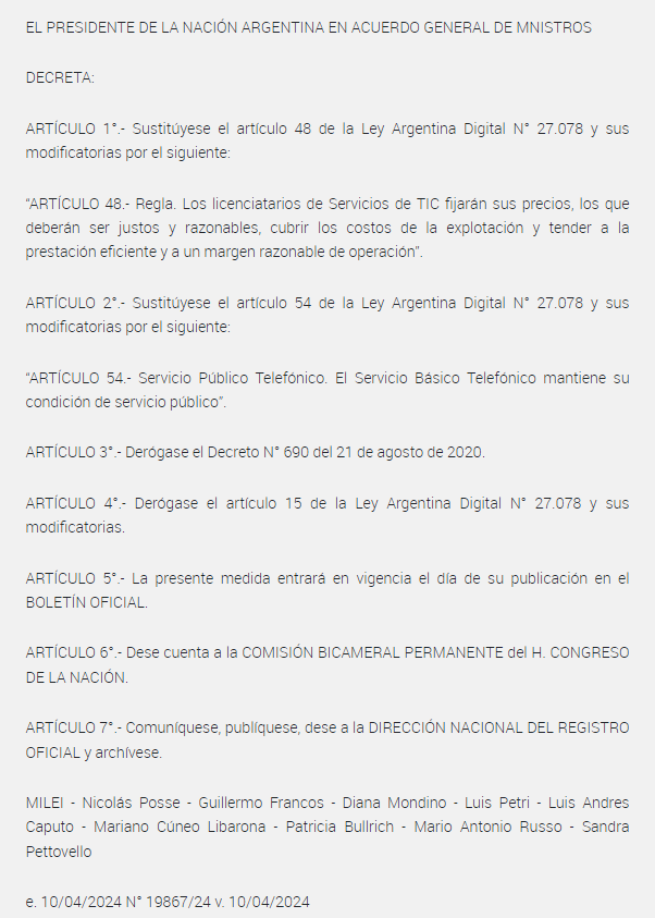 🚨AHORA🚨A través de la Resolución 104/2024, Javier Milei acaba de desregular las tarifas de telefonía e internet, ya no serán un servicio esencial. Las empresas como Clarín(Flow-Personal) van a fijar el precio que quieran sin control, al igual que lo estan haciendo las prepagas.