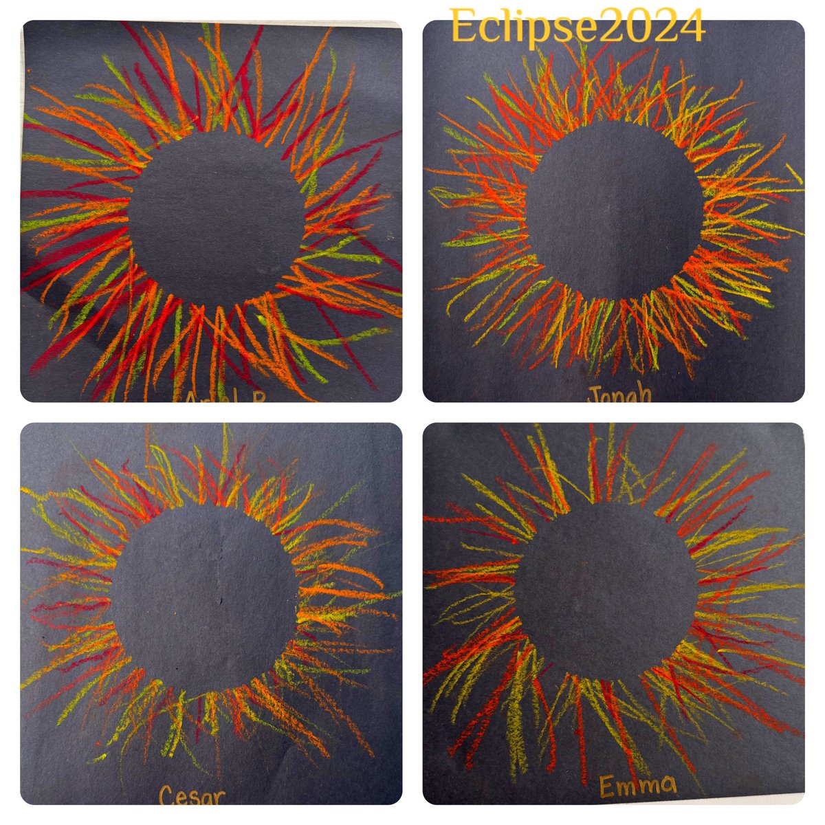 Yes, yesterday was a magical day of learning! I’m sure these TK Ss will remember #Eclipse2024. They will be 26 y-o next time it comes around USA. Today we reflected with some fun solar eclipse art. 🎨 #OilPastel