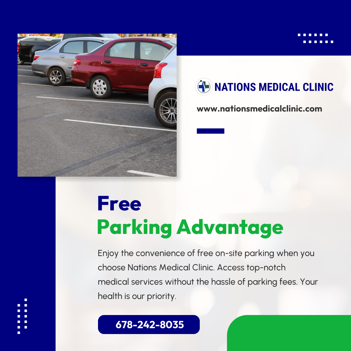 Experience the free parking advantage! Choose Nations Medical Clinic for top-notch medical services and enjoy the convenience of free on-site parking. Your health is our priority. 

#DuluthGA #UrgentCare #FreeParking