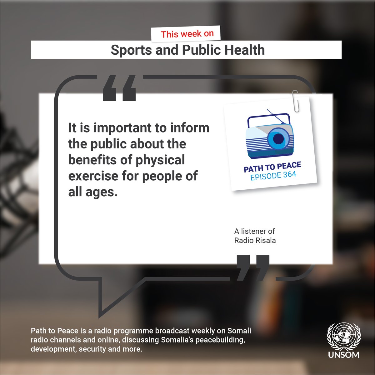 #ICYMI - Listen to the latest episode of #TubtaNabadda, to learn about the importance of physical exercise and public health services in #Somalia from Dr. Fartun Sharif of #Banadir Hospital and Dr. @Naajigentle1 of Gacal Polyclinic. ▶️ Listen here: unsom.info/3PRkoTF