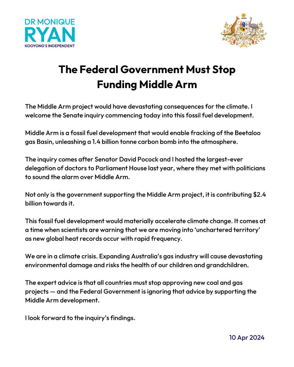 The Middle Arm project would unleash a $1.4 billion tonne carbon bomb into the atmosphere. Not only does the Federal Government support the project, it is subsidising it to the tune of $2.4 billion. The Federal Government should not be funding Middle Arm.