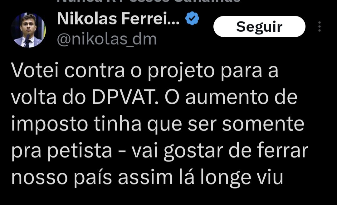 DPVAT NÃO É IMPOSTO, SUA ANTA.

As vítimas de pessoas irresponsáveis como deputados bêbados que dirigem, matam e aleijam agradecem.

O texto conta com substitutivo que retoma o pagamento de despesas médicas das vítimas de acidentes e direciona até 40% do valor arrecadado.