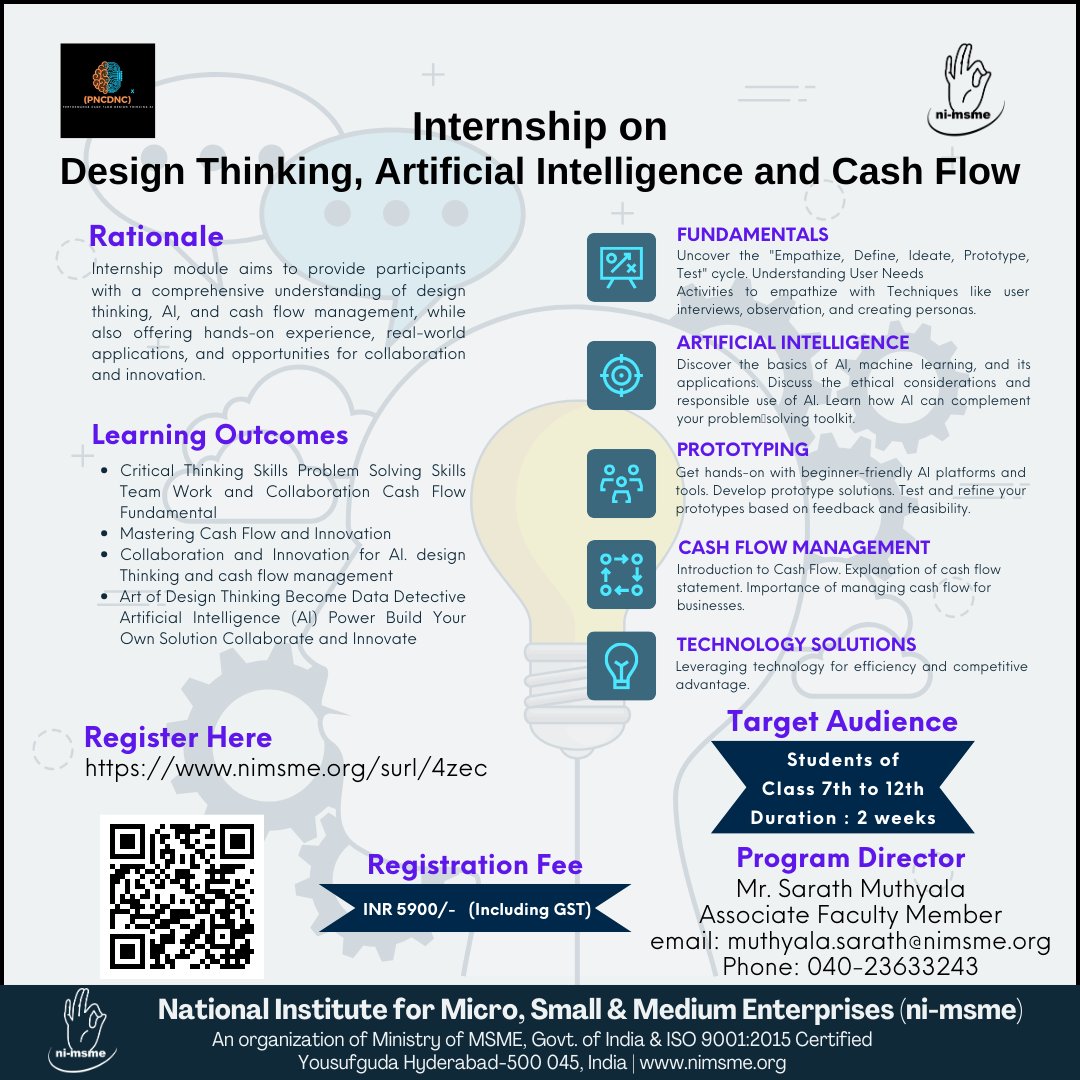 #nimsme is organising '#Internship Program on #designthinking , #ArtificialIntelligence, and #CashFlow' for #Students from Class 7 to Class 12 on 22 April 2024. Register now to book your slot at: nimsme.org/programme/ca0d…
