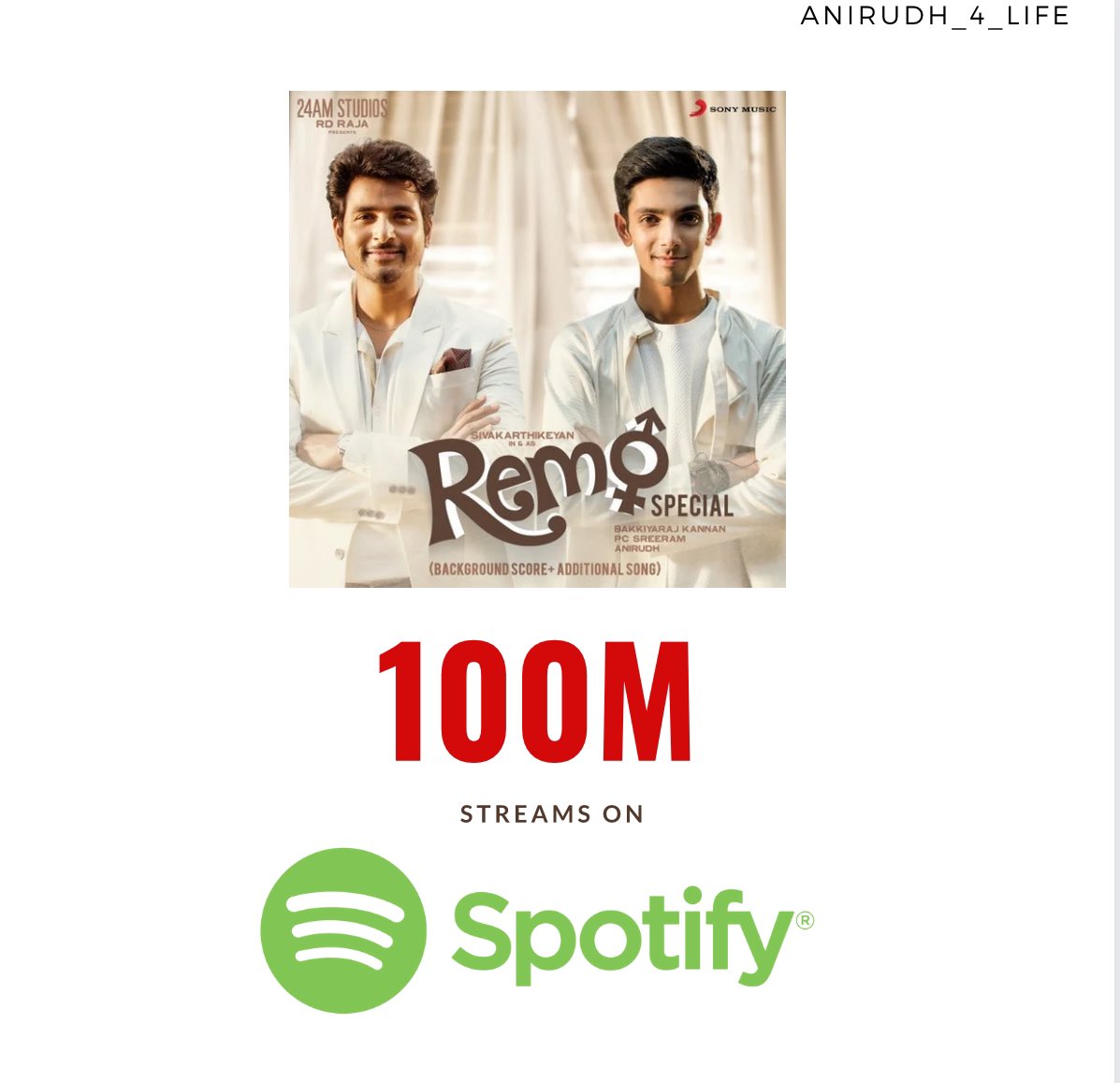 100M streams for #Remo album on Spotify!💥 @anirudhofficial