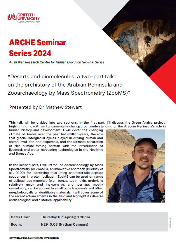 Our next seminar is by ARCHE's @StewieStewart13: Deserts and biomolecules: a two-part talk on the prehistory of the Arabian Peninsula and Zooarchaeology by Mass Spectrometry (ZooMS). For details see griffith.edu.au/australian-res…