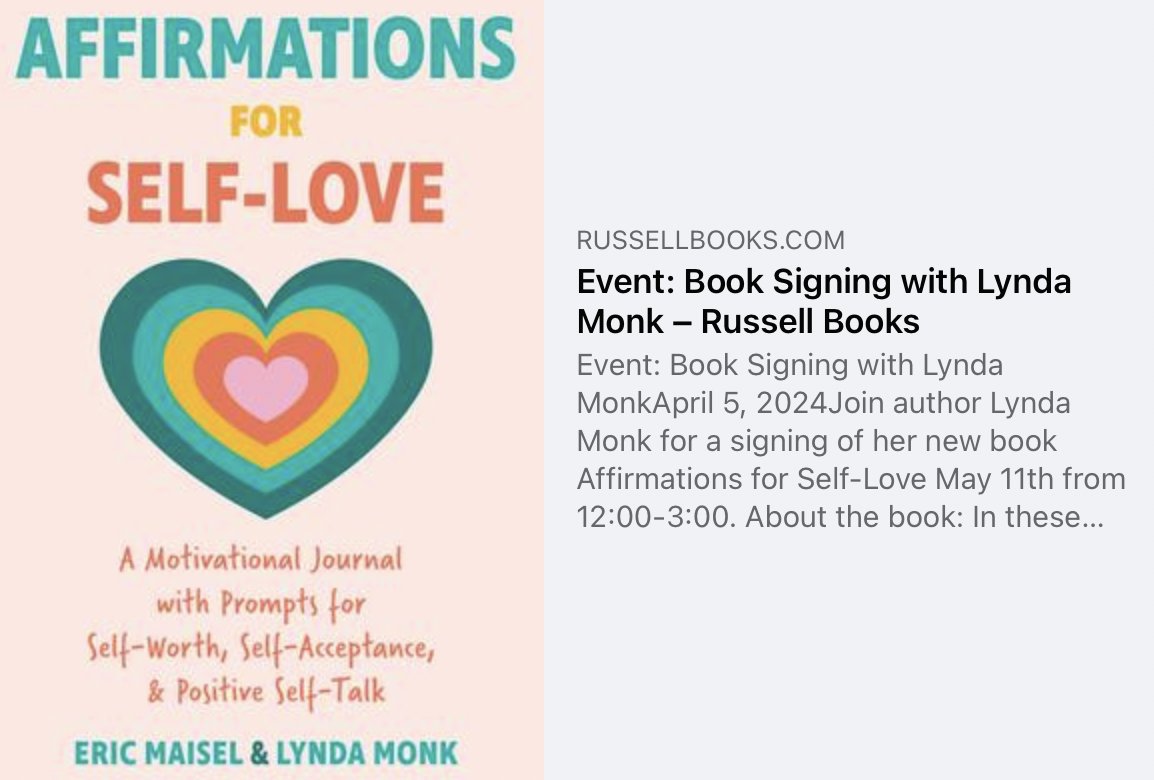 Get your copy of Affirmations for Self-Love signed by authors @EricMaisel & Lynda Monk (@LifeWriterCoach) at @RussellBooks in Victoria, BC on May 11, 12-3pm! Details: russellbooks.com/event-book-sig… #ericmaisel #lyndamonk #affirmationsforselflove #mangopublishing #selfhelpbooks