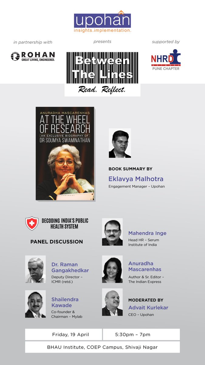 Do attend our #BetweenTheLines session about decoding #India s #PublicHealth with our panelists @Dr_rrg7 @shailendrakawa1 and @mahendrainge. @anu_mascarenhas 's authorised biography of @doctorsoumya will set the context. Register: docs.google.com/forms/d/1P6DyV… @nhrdnpune @COEPs_BHAU