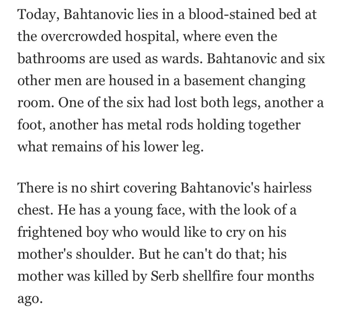 I was reading ⁦@maassp⁩’s powerful op-ed on Gaza and went down a rabbit hole of his excellent war reporting in Bosnia. This final passage, or kicker, from a piece on the survivor of a Serb sniper rifle attack is a gut-punch.