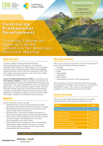 @Centre4RespBiz and @CapsCoalition are excited to announce the launch of the Continuing Professional Development: Training Course on Natural Capital Valuation for Business Decision Making By the end of the course, you will gain: - Improve decision-making with natural capital