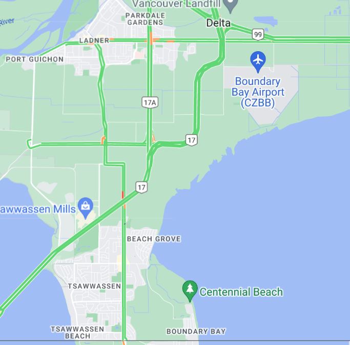 ⚠️#BCHwy17 Westbound road sweeping will result in slow-rolling  ramp closures between #BCHwy99 and #Tsawwassen. Please watch for traffic control and pass with caution. #SurreyBC #DeltaBC