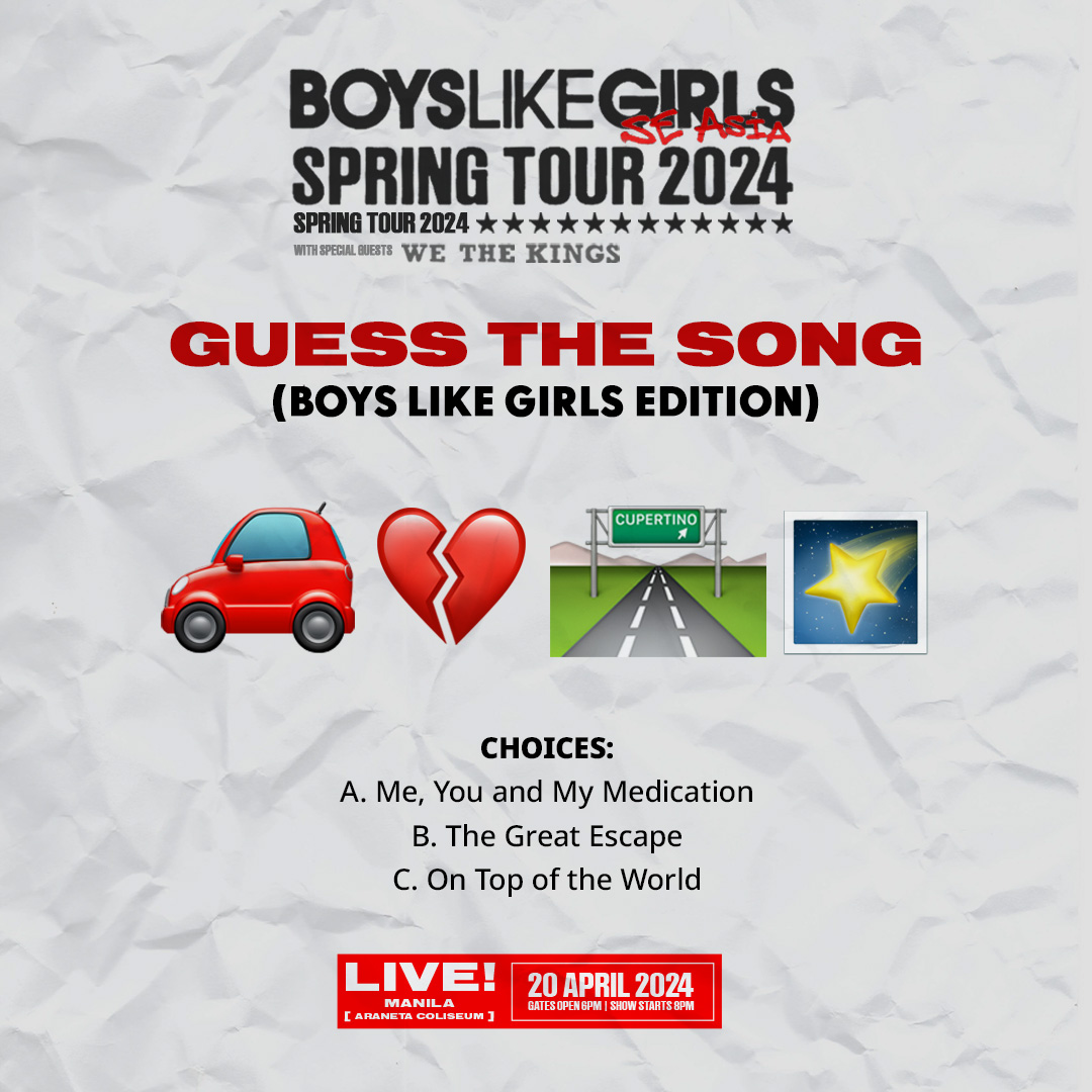 We’re pumped and stoked for the BOYS LIKE GIRLS SPRING TOUR 2024 IN MANILA! 🤩 But before you get “Love Drunk” with excitement, let’s see if you can identify the title of this song using emojis. Leave your answers in the comments! 📝 Tickets are still available at all…