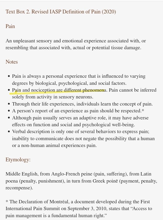 @realBockmann Anand: '...terms relating to pain and nociception are used interchangeably; in this review, no further distinction between the two will generally be made.'

IASP: 'Pain and nociception are different phenomena'
nejm.org/doi/10.1056/NE…
ncbi.nlm.nih.gov/pmc/articles/P…