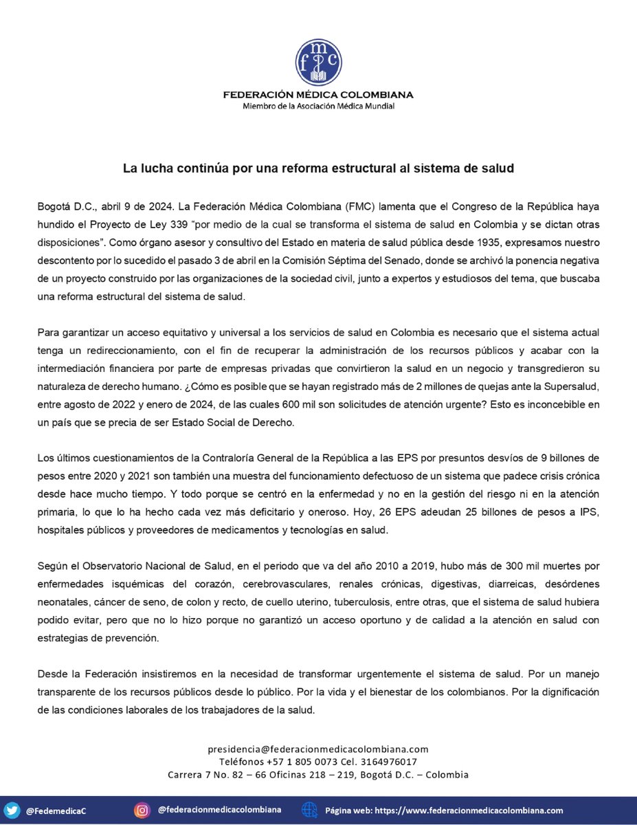 FedemedicaC's tweet photo. #ComunicadoFMC La lucha continúa por una reforma estructural al sistema de salud

Lamentamos que el Congreso haya hundido el Proyecto de Ley 339 “por medio de la cual se transforma el sistema de salud en Col🇨🇴 y se dictan otras disposiciones”.

Ver en👇
https://t.co/f3JgbCmt1Q https://t.co/0UvTOTxOfk