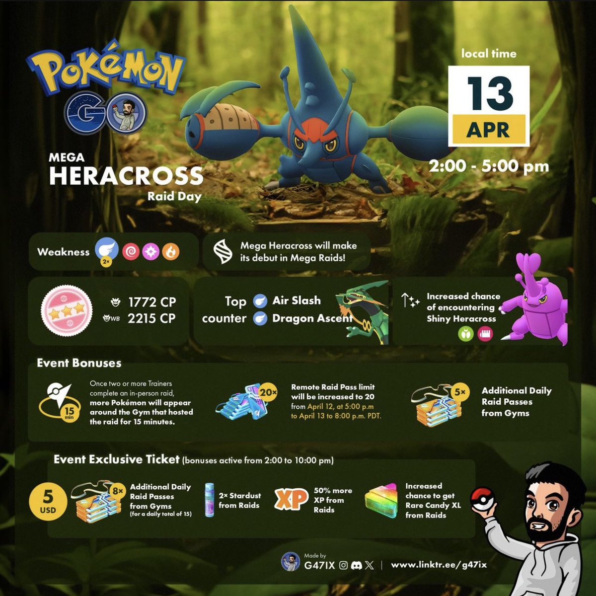 🦋 Mega Heracross 🐞 makes it’s way into raids on April 13th! This is your chance to battle the Herculean 'mon and maybe catch a shiny. Are your Pokémon battle-ready? #MegaHeracross #PokemonGORaid #PokemonGo #HeraWhat