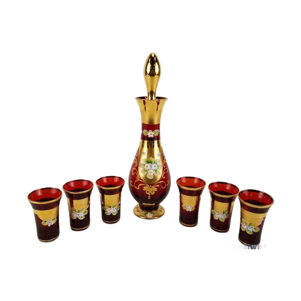 Vintage Victorian Glass Hand Painted Decanter and 6 Glasses by Seyei of Japan, Gold Gilt, 1960s, Free Shipping tuppu.net/e080ff80 #Etsy #JunkYardBlonde #RedDecanterSet