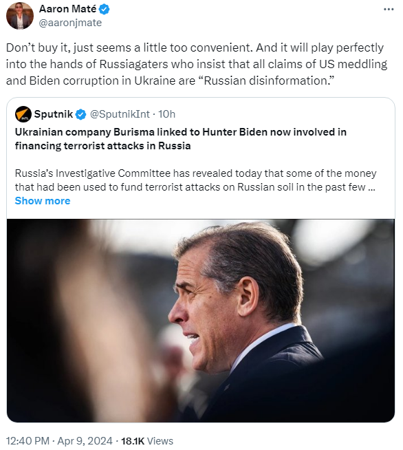 Sputnik publishes a made-up story, and Aaron Maté thinks the bad thing about it is that it will reinforce the idea among 'Russiagaters' that Russian media pushes propaganda that goes after Ukraine and Biden.