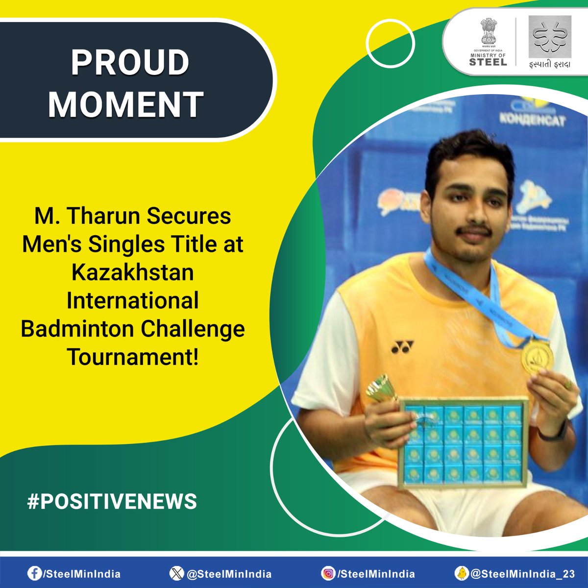 Indian shuttler #MTharun emerged victorious, clinching the Men's singles title at the Kazakhstan International Badminton Challenge tournament, in Astana! Heartiest congratulations to M. Tharun on this remarkable achievement! 🇮🇳🏸 #PositiveNews #BadmintonChampion
