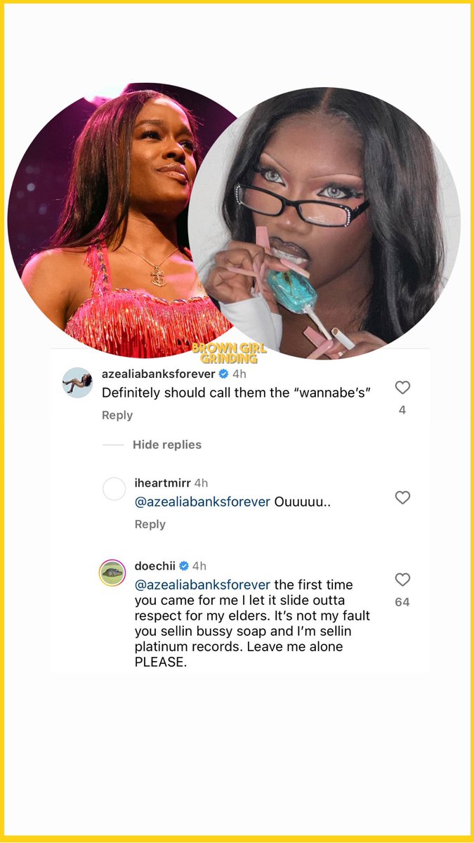 Well, here we go. #azealiabanks commented under a post from #doechii today..  doechii was asking what her fans should be called. Azealia responded “wannabe’s”
#browngirlgrinding for more 💐