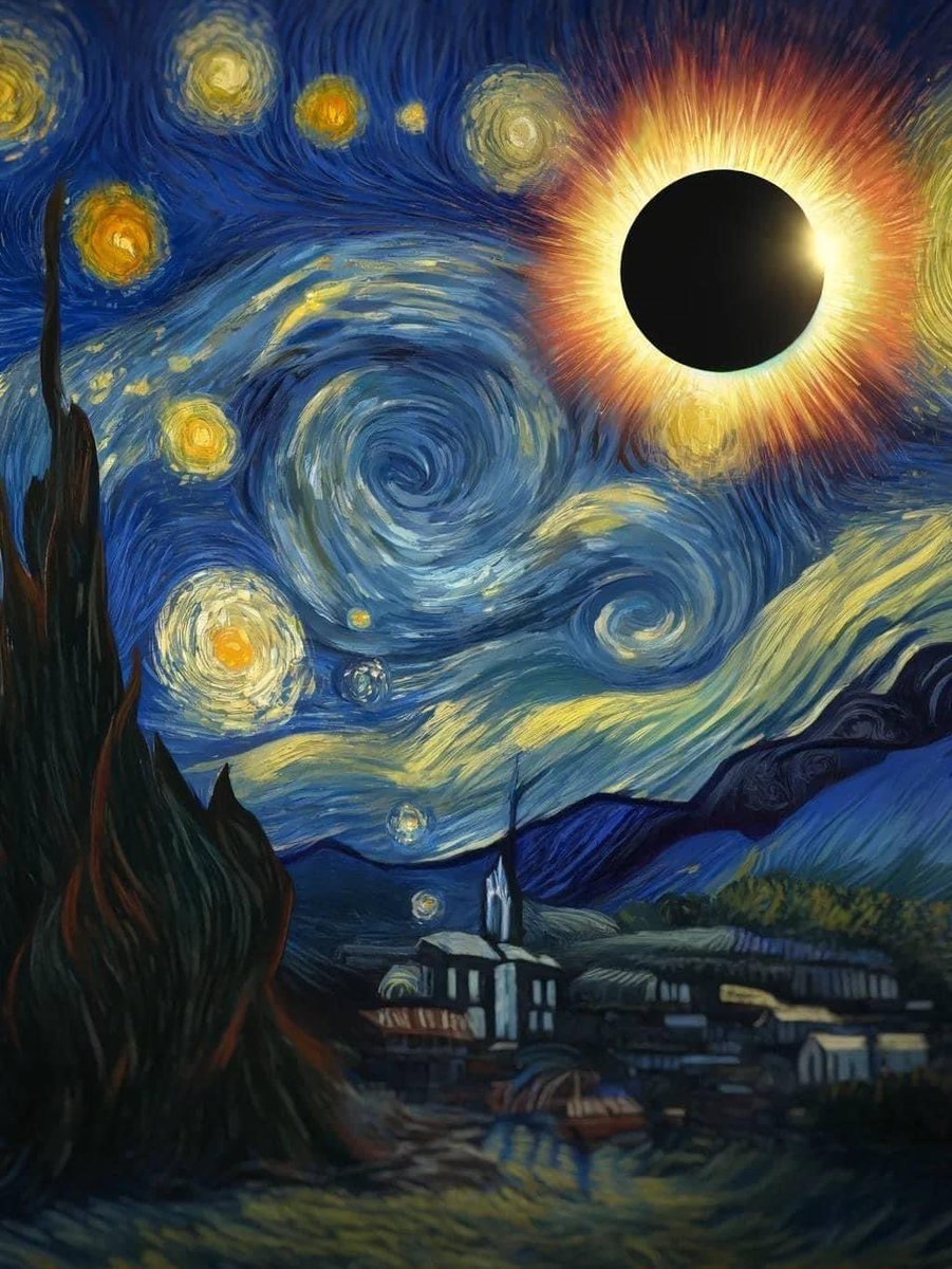 Un eclipse solar con el estilo icónico de la noche estrellada de Van Gogh ✨ 🌘