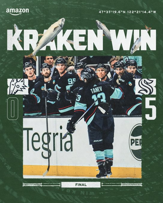 final win graphic with image of tanev fist bumping teammates 5-0, kraken!