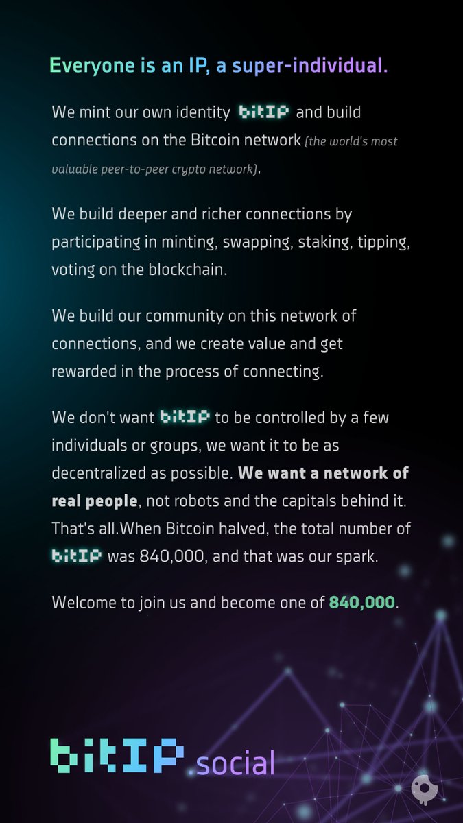 Take charge of your identity! 🥳
Engage in minting, swapping, staking, tipping, and voting on the Bitcoin network to build stronger connections🪢
Join us and mint your autonomous identity!
Act now and redefine your identity⬇️
bitip.social

#bitIP #AutonomousIdentity