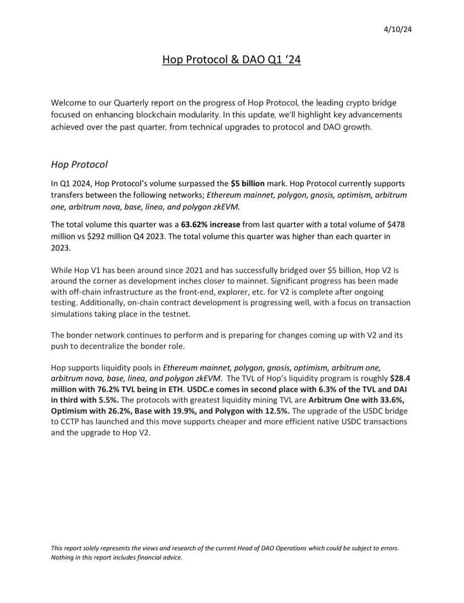 francom619's tweet photo. As the Head of DAO Ops for @HopProtocol I have made a Q1’24 report on Hop Protocol and DAO. Feel free to share any feedback. https://t.co/m1eoFnQRyV