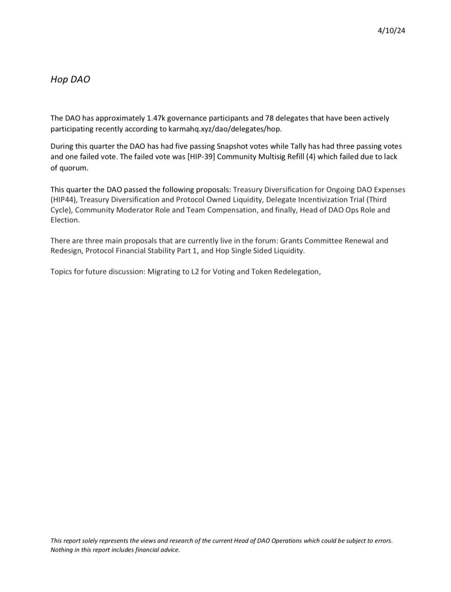 francom.eth | (@francom619) on Twitter photo As the Head of DAO Ops for <a href="/HopProtocol/">HopProtocol</a> I have made a Q1’24 report on Hop Protocol and DAO. Feel free to share any feedback. As the Head of DAO Ops for <a href="/HopProtocol/">HopProtocol</a> I have made a Q1’24 report on Hop Protocol and DAO. Feel free to share any feedback.