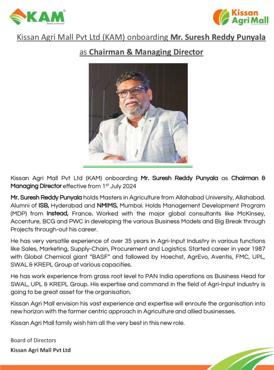 We, Kissan Agri Mall Family delighted to announce that, Mr.Suresh Reddy Punyala Garu is Joining with us as Chairman & Managing Director effective from 1st July 2024

#KissanAgriMall
#AgriRetail
#KAM
#AgriBusiness
#AgriTech
#SmartFarming
#AgriInnovation