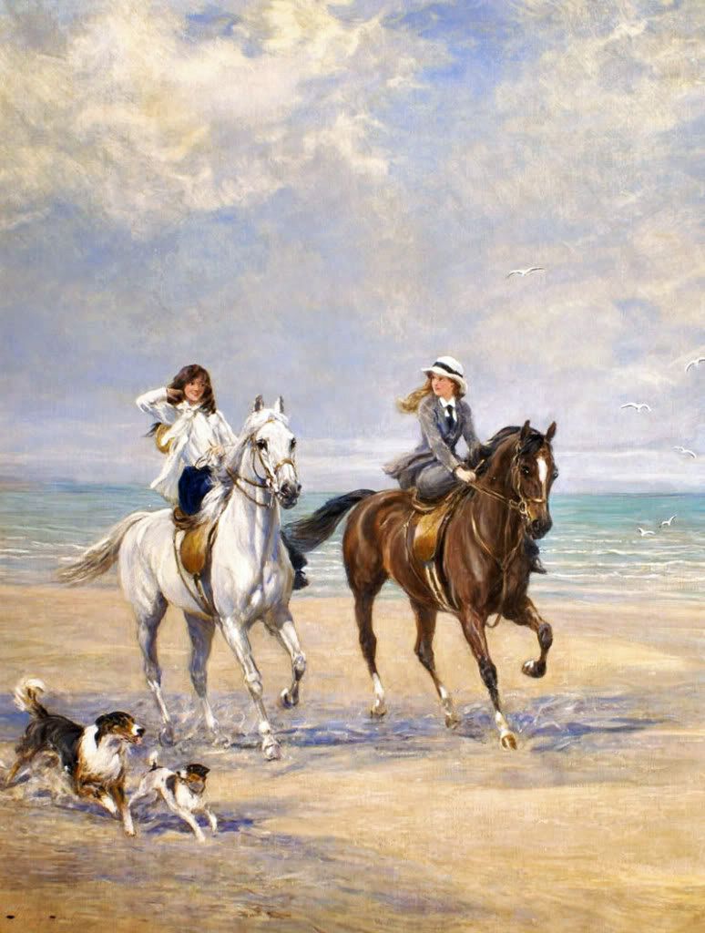 Toss that hair, girlies! Sea air is meant to be enjoyed! Two darlings doing what's really important in life, in Heywood Hardy's 'A Ride by the Sea'. #art #traditionalart #painting #oilpainting #beautifulgirl #beach #beachlife #beachgirl