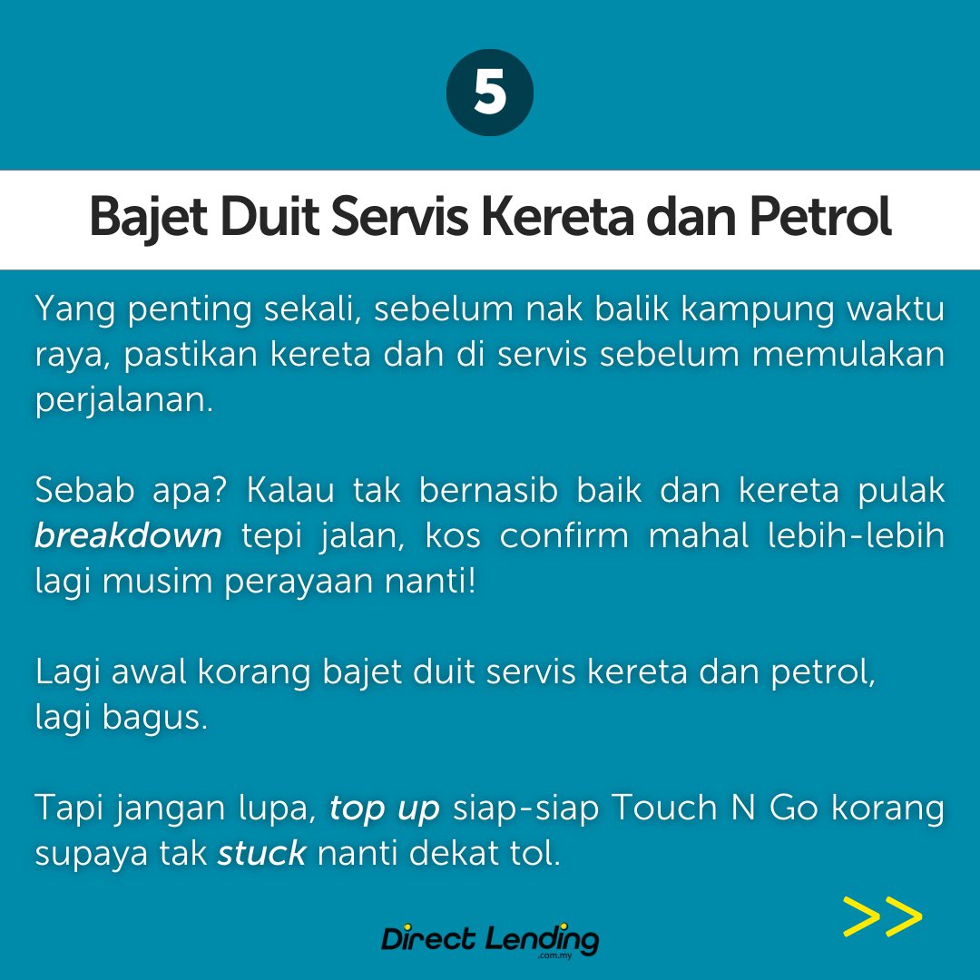 5. Korang sebelum balik raya tu dah servis kereta? Bila dah servis, chances nak breakdown tu makin kurang lah, takda keluar extra bajet nanti!🚗💨