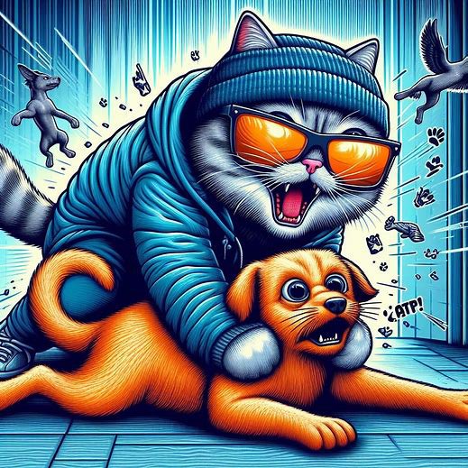 GbhoyDownUnder's tweet photo. Intel suggests the Dog Park Gang's leader is allergic to cats

Whiskers' plan? A surprise cuddle attack. Sneezing ensues

Operation Feline Fury: successful

Check out the cat agents at https://t.co/hYDq8MZNvF https://t.co/2ZNdb3wa02