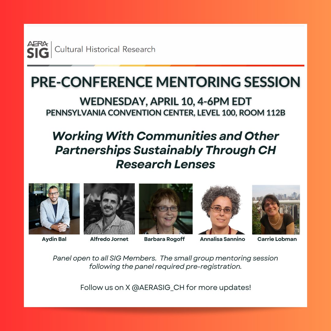 AERASIG_CH's tweet image. It's time! The Cultural Historical SIG's pre-conference mentoring session kicks off our #AERA2024 program  (April 10th) with a powerhouse panel! The panel portion of the program is open to all SIG members. We hope to see you there!