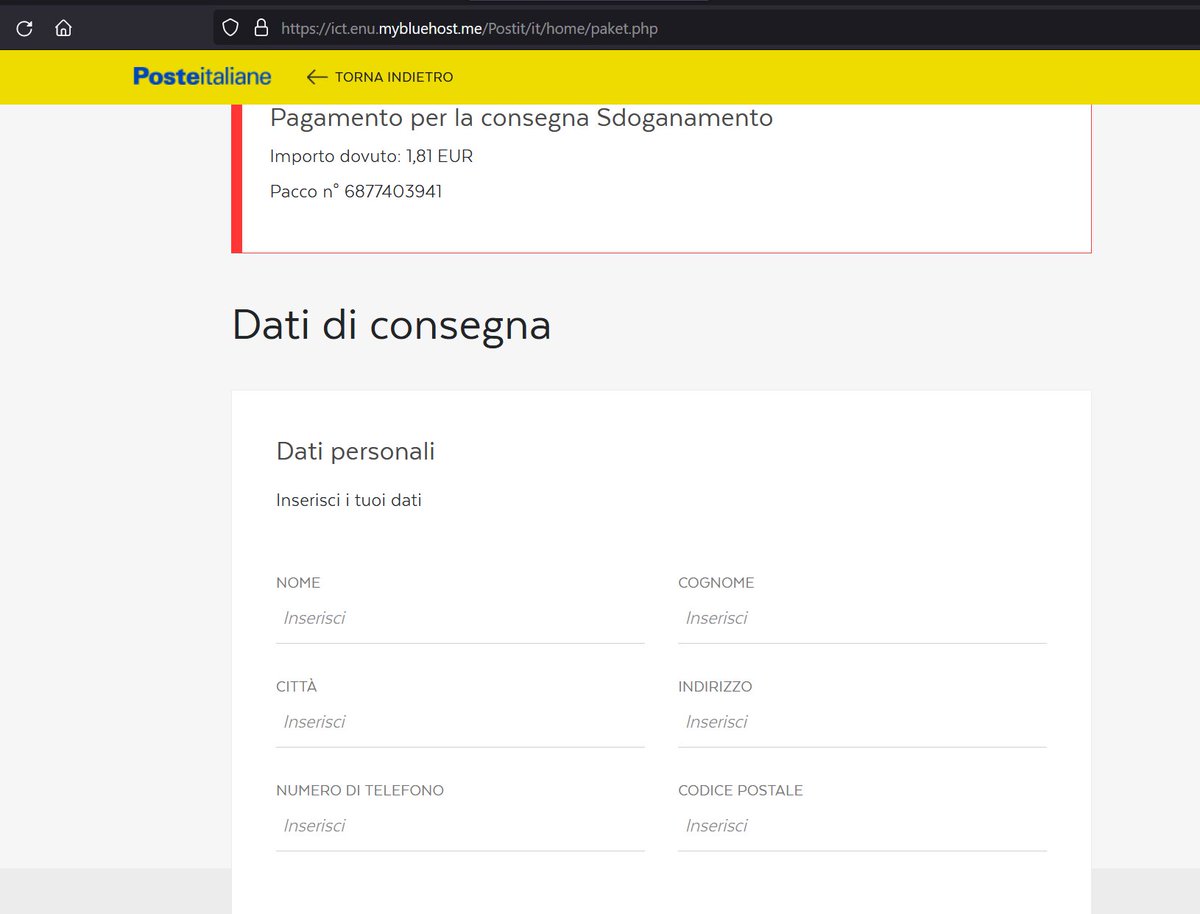 'Importante: Pagamento Dazi Doganali Richiesto per il Vostro Pacco' #phishing @PosteItaliane https[:]//ict.enu.mybluehost.me/Postit/it/home/paket.php