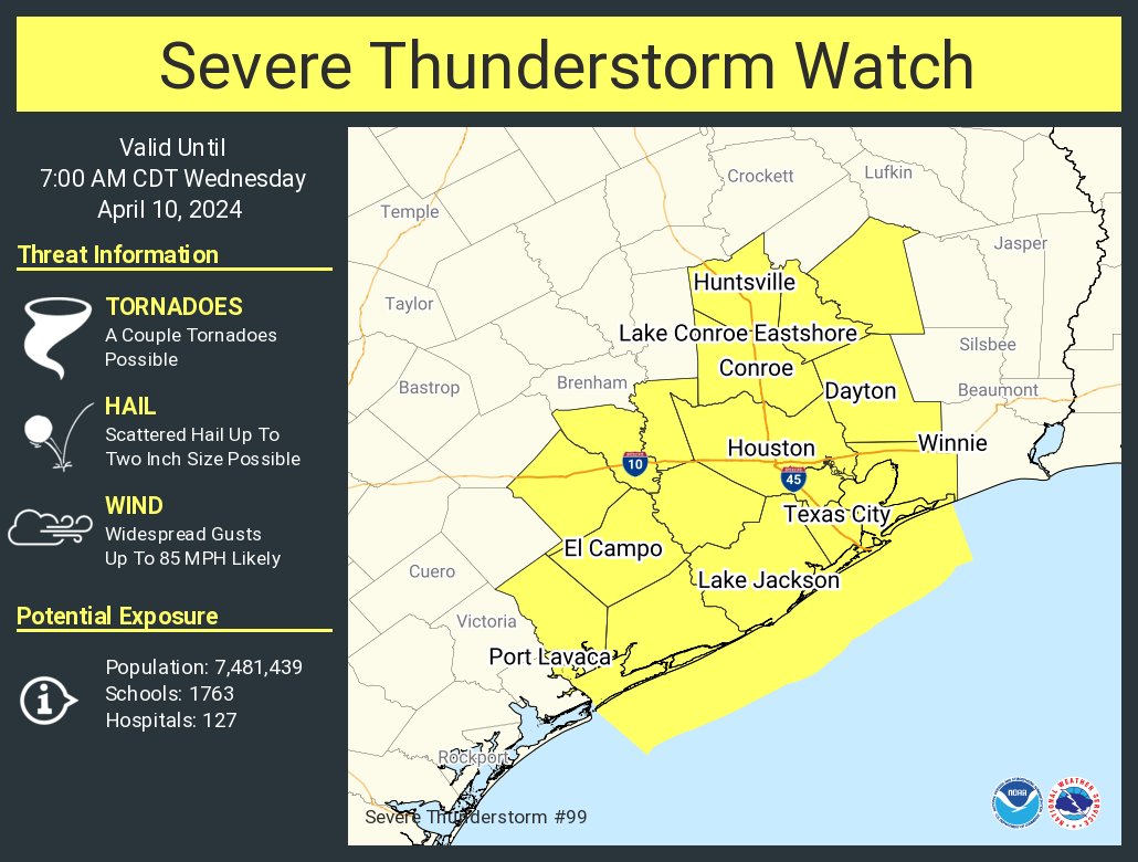 A severe thunderstorm watch has been issued for parts of Texas until 7 AM CDT