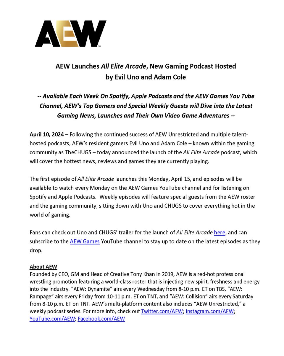 #AEW Launches All Elite Arcade, New Gaming Podcast Hosted by @EvilUno and @AdamColePro