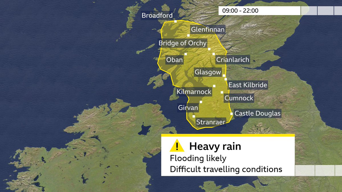 Good morning. Met office yellow heavy rian warning comes into force at 9am this morning for parts of western Scotland. JR