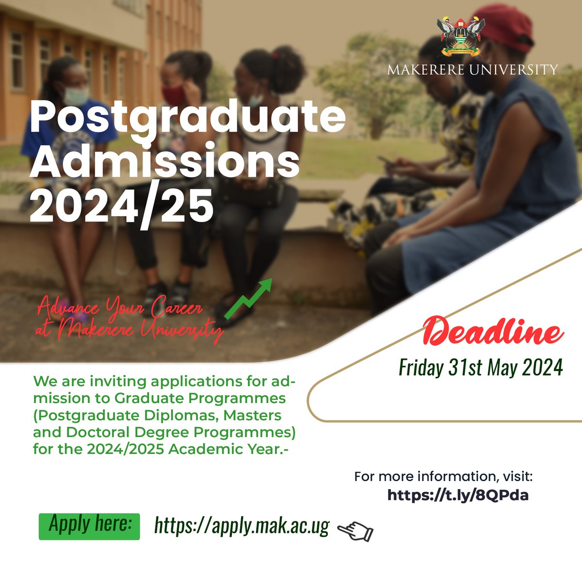 We are receiving applications for admission to postgraduate programmes for the 2024/25 Academic Year. Deadline for applications is 31st May 2024. Details: t.ly/8QPda