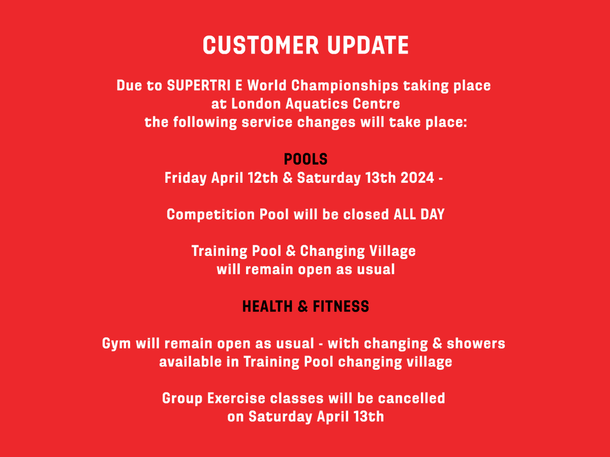 SERVICE UPDATE: please see below for changes to pool programme this weekend